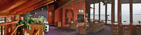 Looking across the upstairs living room